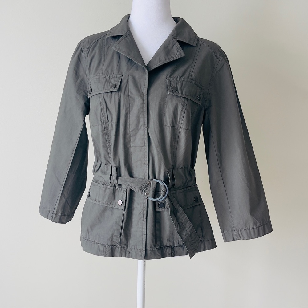 Willie Smith Women's Greenish Gray Utility Belted3/4 Sleeve Jacket EUC - Picture 1 of 8